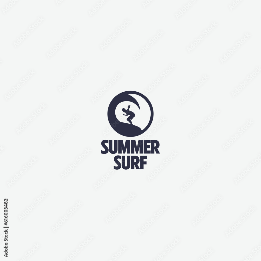 summer surf logo men surfing on big wave surfboard vector image