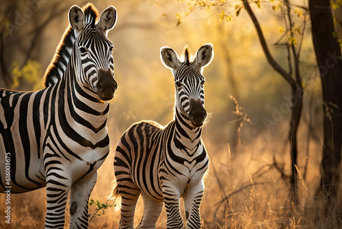 two zebras that are standing in the grass with trees in the photo is blurred and blured by the sun