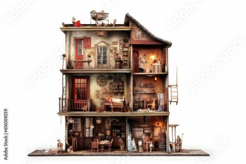 A chilling image of a possessed dollhouse with miniature figures in sinister positions. 