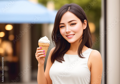 Beautiful woman with an ice cream cone on a sunny summer day. Generative AI