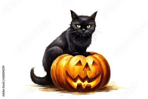 A pumpkin carved with the shape of a black cat, with glowing eyes and arched back. © Man888