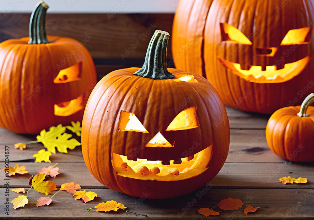 Fototapeta premium Halloween pumpkin head jack o lantern, close up. Generative AI.