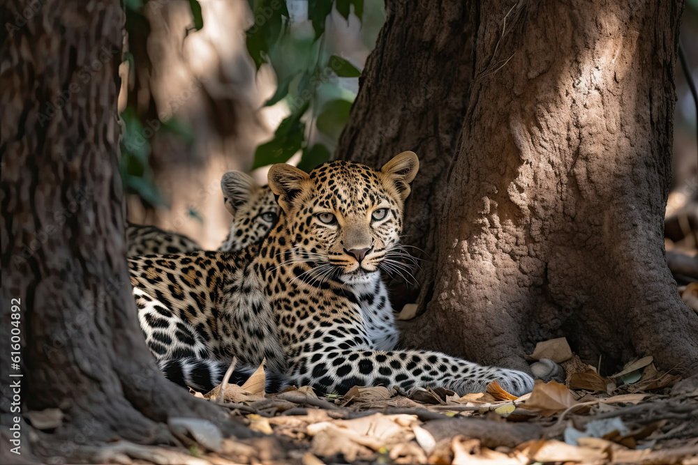 a leopard laying in the shade under a tree with its paws on it's back and eyes open a leopard laying in the shade under a tree with its paws on it's back and eyes open