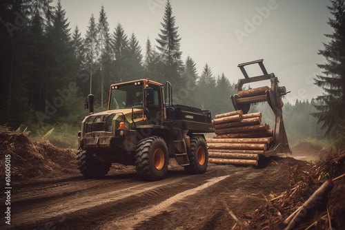 Log Loader Of Forestry Machine Loads A Log Truck, Generative AI