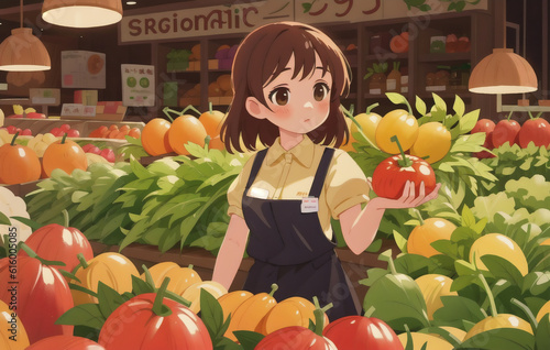 Beautiful girl supermarket worker, on the background of vegetables and fruits. Generative AI.