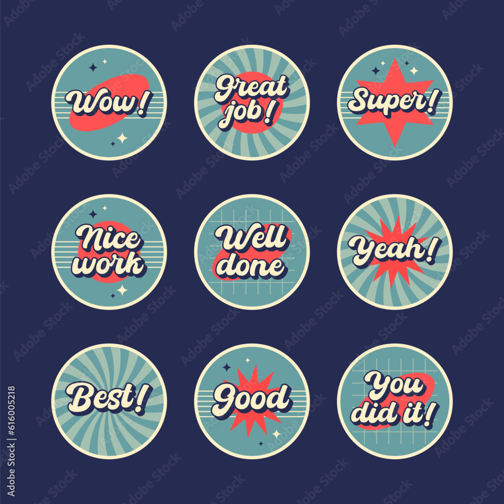 Obraz premium Retro groovy badge set. Vintage great job stickers