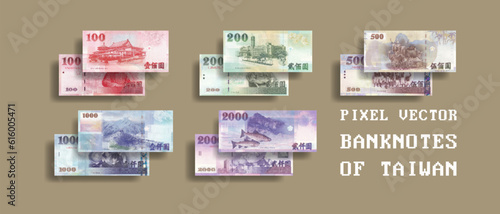 Vector set of pixelated mosaic banknotes of Taiwan. Notes in denominations of 100, 200, 500, 1000 and 2000 taiwanese dollars.