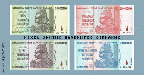 Vector pixel mosaic set of obsolete banknotes of Zimbabwe. Denominations of 10, 20, 50 and 100 trillion dollars. Obverse bills.