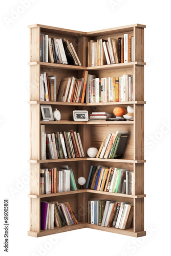 corner bookshelf isolated on a transparent background, generative ai