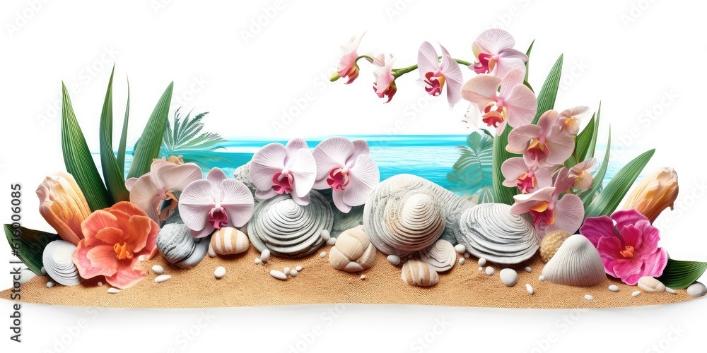 Tropical 3D Beach Landscape with Waves Crashing, Seashells, and Orchids on the sand illustration . isolate on white background. Tropical 3D Beach Landscape with Waves Crashing, Seashells, and Orchids on the sand illustration . isolate on white background.