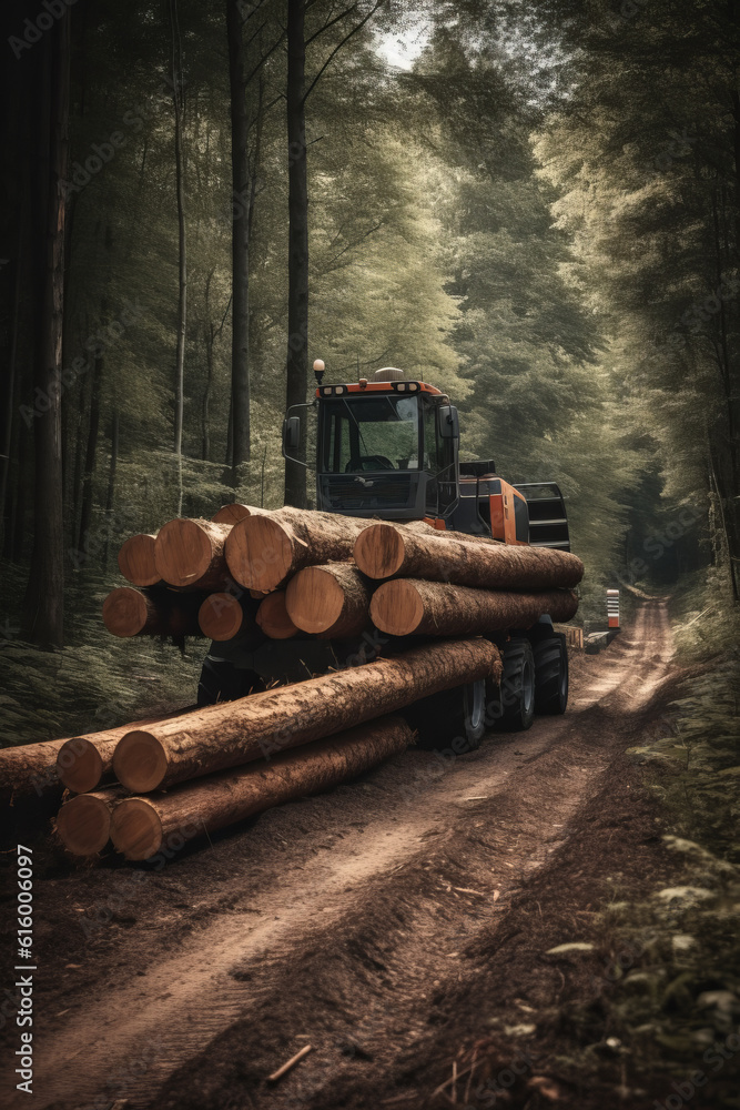 Timber Carrier Cutdown Tree Logs By The Road In The Forest, Generative AI