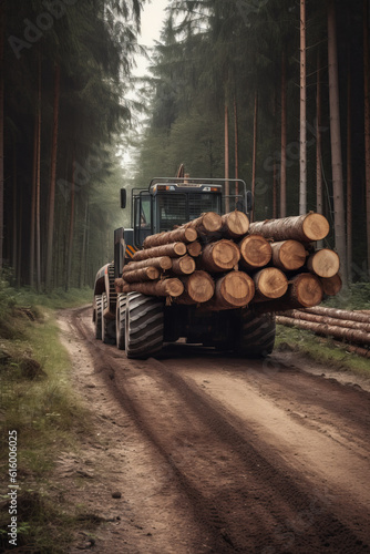 Timber Carrier Cutdown Tree Logs By The Road In The Forest, Generative AI photo