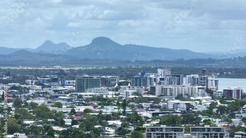 Telephoto Drone View Of Maroochydore Town And Mountain View, Aerial Parallax 4K Australia photo