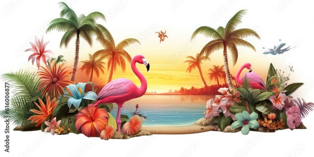 tropical island with palm trees and birds