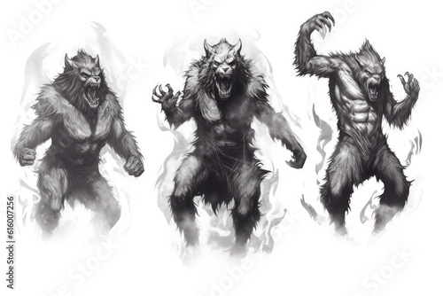 Werewolves and Full Moon Transformations illustration on white background.