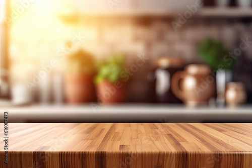 Empty wooden tabletop over defocused kitchen background
