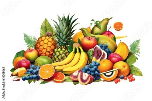 Exotic Fruits and Tropical Delights illustration on white background.