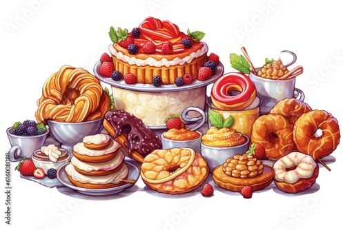 Festive Food and Holiday Treats illustration on white background.