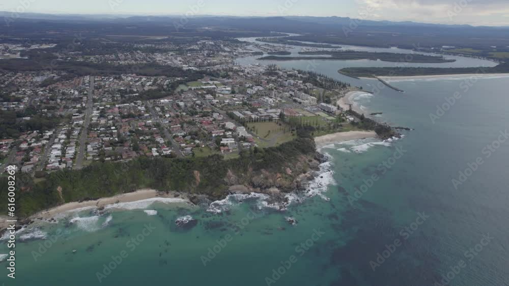 Port Macquarie Town, Beach And Hastings River On An Overcast Day In NSW, Australia.- aerial Port Macquarie Town, Beach And Hastings River On An Overcast Day In NSW, Australia.- aerial