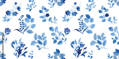 seamless Indigo blue flower and leaf decoration with water color texture. 
