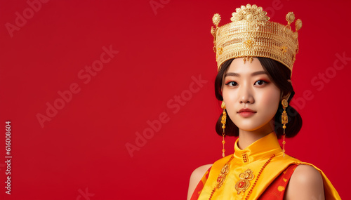 a smiling young woman wearing queen clothes in dark red background generative ai