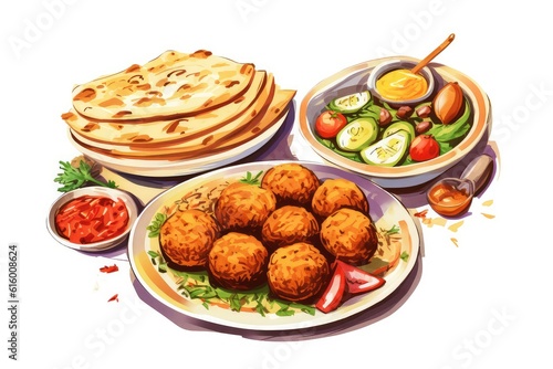 Mediterranean Cuisine (e.g., Hummus, Falafel) illustration . isolate on white background.