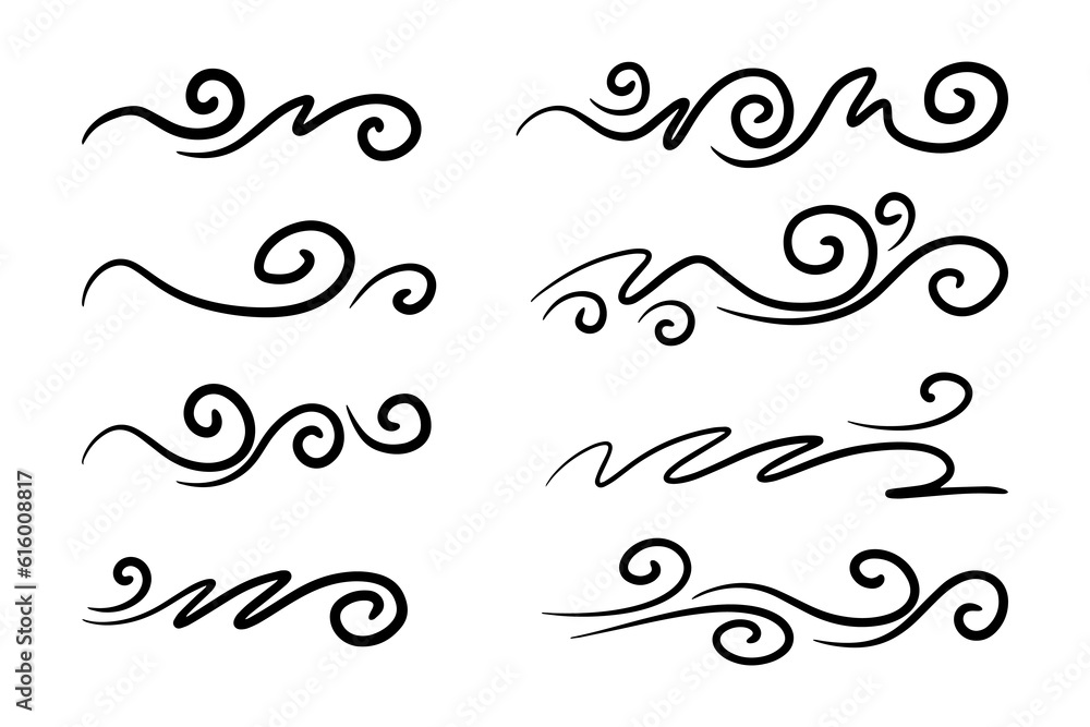 hand drawn wind doodle set, vector illustration.