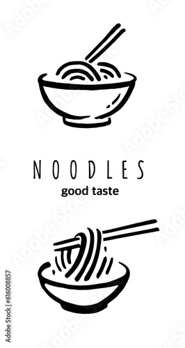Noodles logo with chopsticks drawn by brush over white background. Vector illustration in cartoon design. Use for logos, icons, posters, graphics.