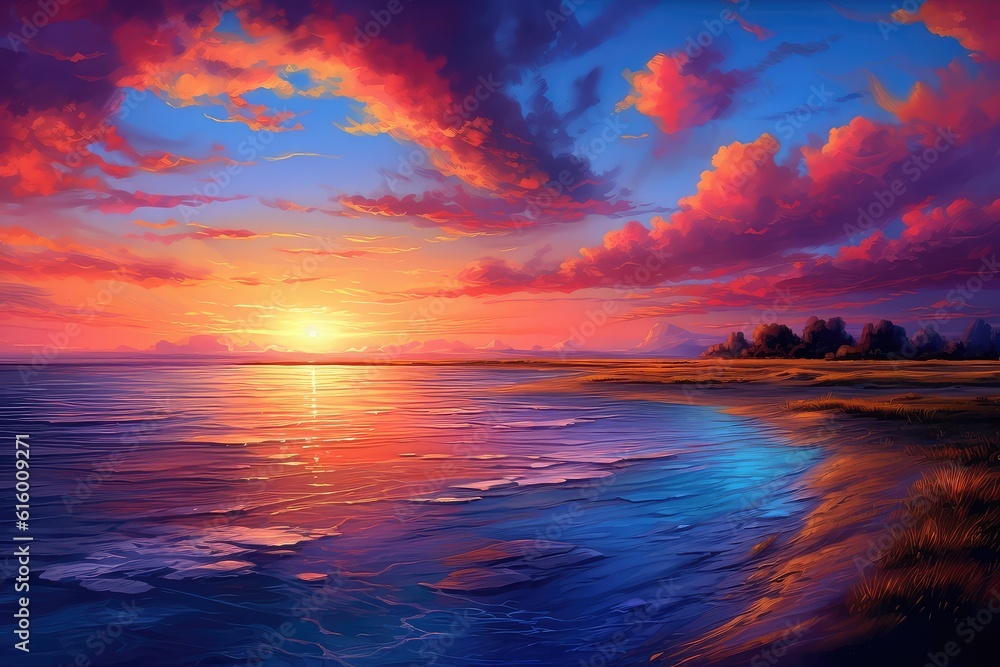 Sunrise Sky: The sky is a breathtaking canvas of vibrant colors, transitioning from shades of deep purple and magenta near the horizon to hues of orange, pink, and golden yellow as the sun ascends 