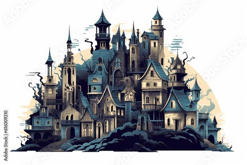 Spooky Haunted Houses and Mansions illustration on white background.