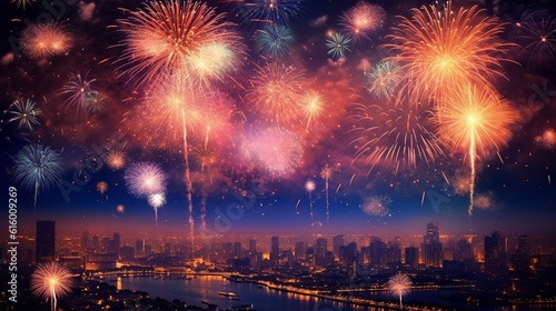Happy new year 2024, fireworks background, Generative Ai