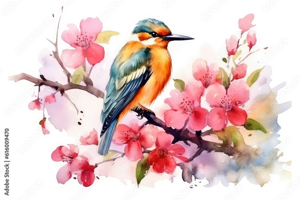 Watercolor Bird with Blossoming Branch on white background.