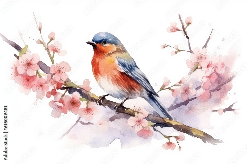 Watercolor Bird with Blossoming Branch on white background. Watercolor Bird with Blossoming Branch on white background.