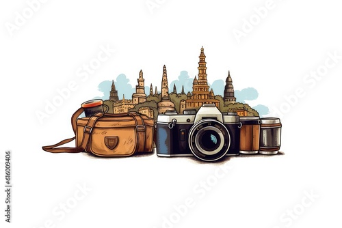 Travel Photography and Cameras illustration on white background.