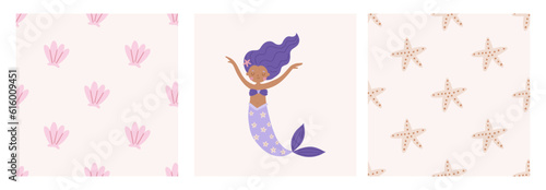 Cute cartoon magical mermaid. Adorable fairytale, mythological underwater princesses. Flat cartoon colorful vector seamless pattern