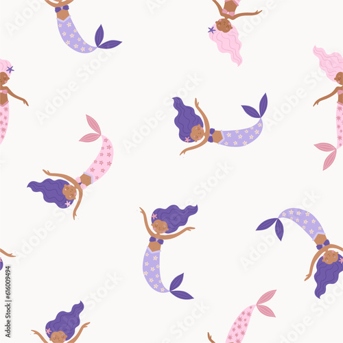 Cute cartoon magical mermaid. Adorable fairytale, mythological underwater princesses. Flat cartoon colorful vector seamless pattern