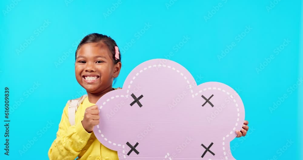 Happy little girl, speech bubble and mockup for social media or chat against a blue studio background. Portrait of female child or kid smile holding icon for feedback, comment or message on mock up Happy little girl, speech bubble and mockup for social media or chat against a blue studio background. Portrait of female child or kid smile holding icon for feedback, comment or message on mock up