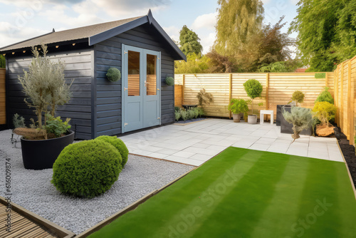 Photo A general view of a back garden with artificial grass, grey paving slab patio, f