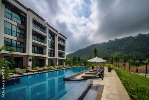 Splendid hotel  nestled amidst a picturesque landscape  offering breathtaking views of the surrounding mountains and lush forests. Exterior view with swimming pool