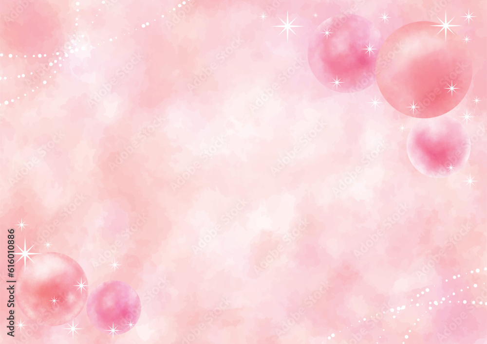 球とキラキラの飾りの付いたピンクの背景-横型