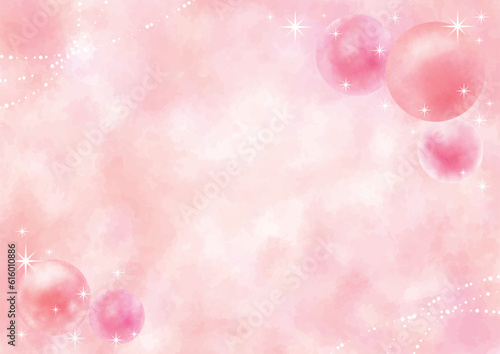 球とキラキラの飾りの付いたピンクの背景-横型