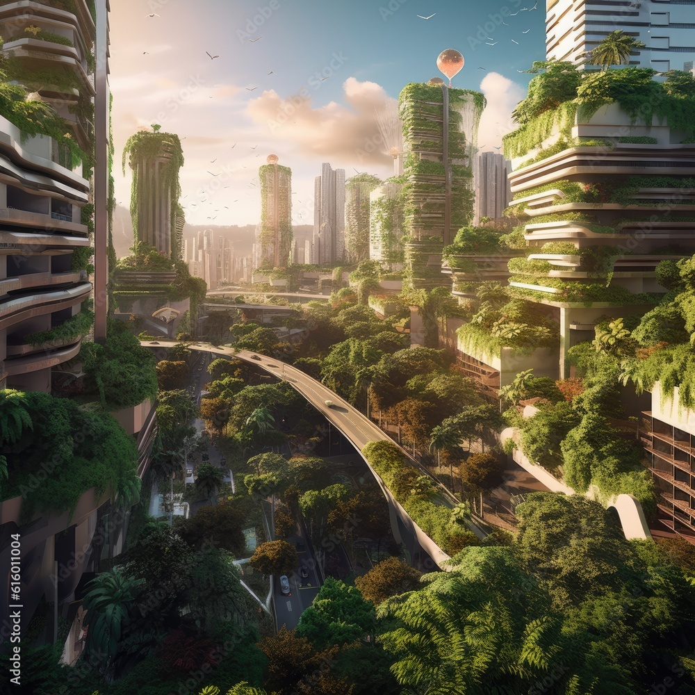 Spectacular eco-futuristic cityscape ESG concept full with greenery, skyscrapers, parks, and other manmade green spaces in urban area. Green garden in modern city