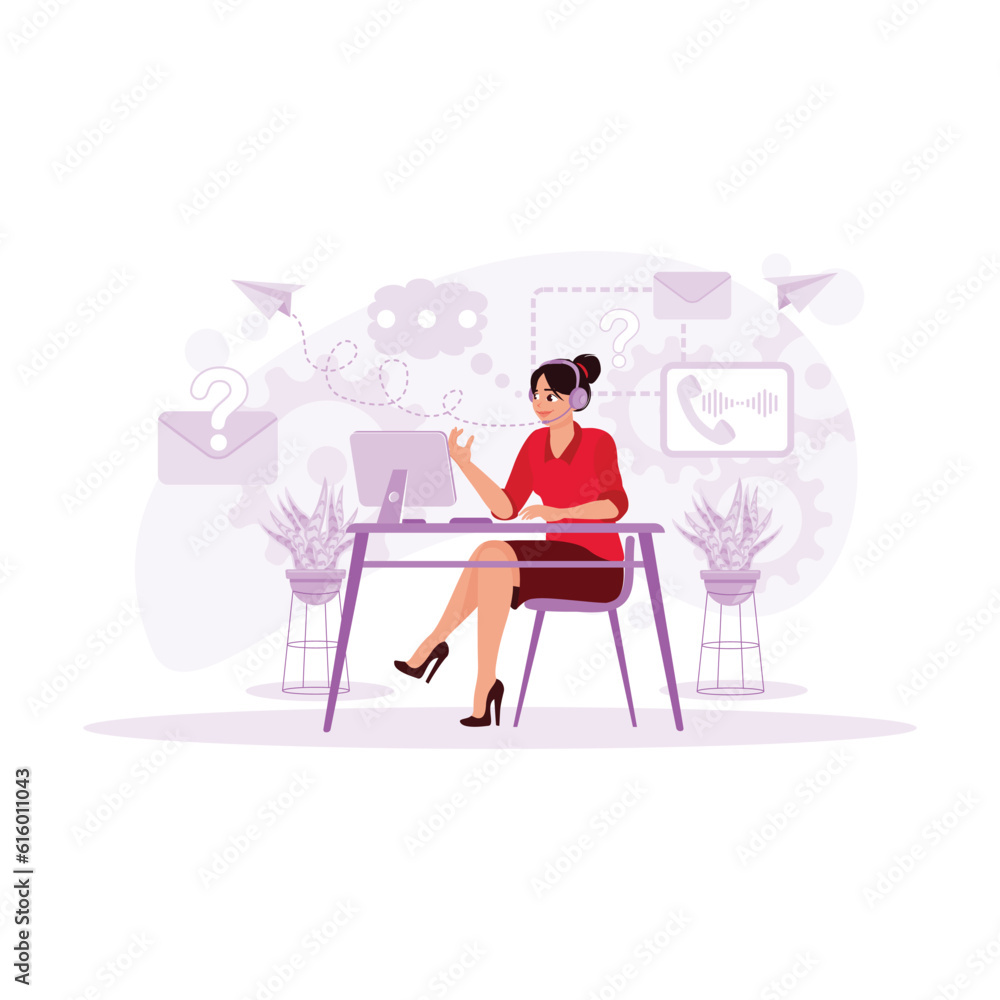 Call center agent, a young woman, working in a friendly manner, using a headset at the office table. Trend Modern vector flat illustration.