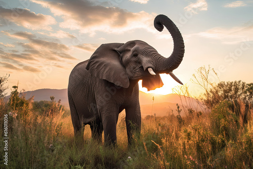 an elephant that is standing in the grass and looking into the distance with its trunk stretched over it s head