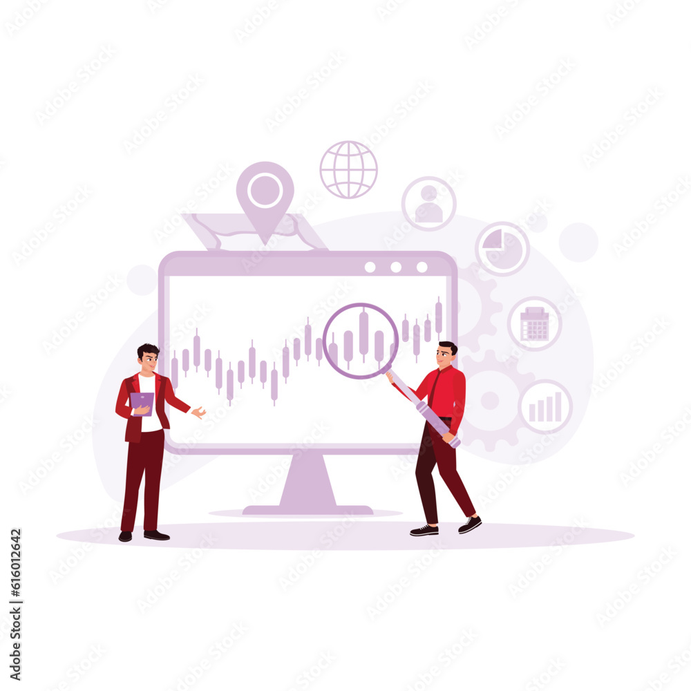 Sales data research with a magnifying glass, conducted by two young businessmen. Financial investment. Trend Modern vector flat illustration.