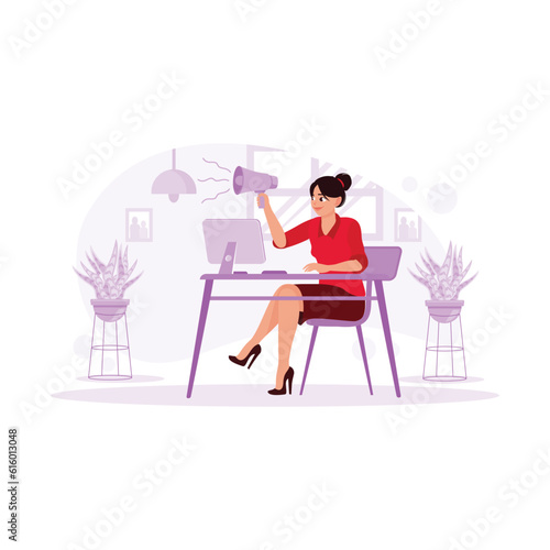 Female secretary, working excitedly at the office desk, talking excitedly over the loudspeaker. Trend Modern vector flat illustration.