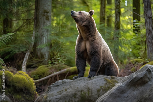 a brown bear standing on top of a rock in the middle of a forest with trees and moss growing around it