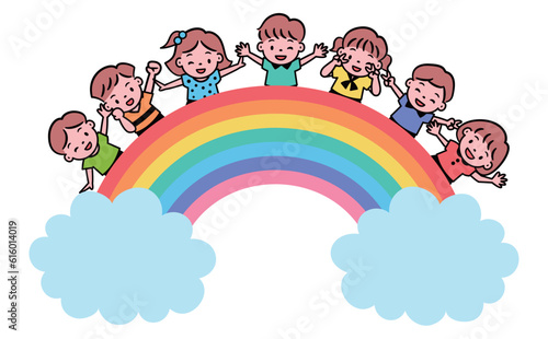 夏のこどもイベントやフェアイメージの虹と雲のキッズ・子どものコピースペースのあるベクターイラスト素材