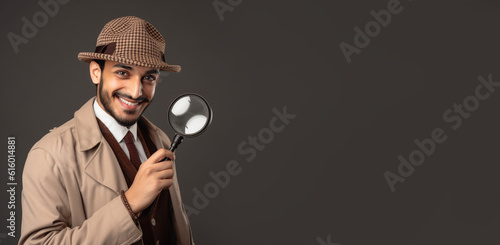 a smiling young men wearing detective clothes in dark grey background generative ai