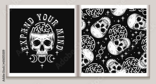 Vintage label, pattern with human skull like cup, labyrinth, stars, tripple goddes sign. Concept of sacred spirit, magic, expanded mind, psychic abilities. Mystical surreal illustration photo